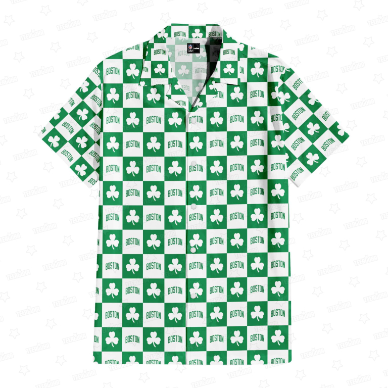 Boston Celtics Clover Checkerboard Hawaiian Shirt Boston Celtics Clover Checkerboard Hawaiian Shirt