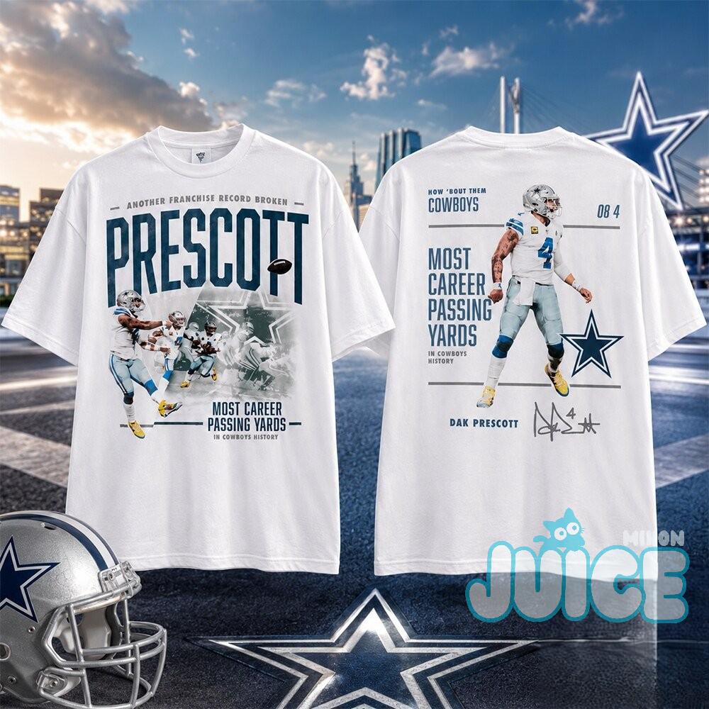 Dak Prescott Most Career Passing Yards Dallas Cowboys T-Shirt - Front View