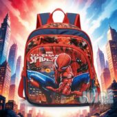 Marvel Spider-Man City Graphic Backpack - close-up on the backpack next to a person