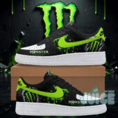 Monster Energy Limited Edition AF1 Sneakers - pair displayed with green drip background