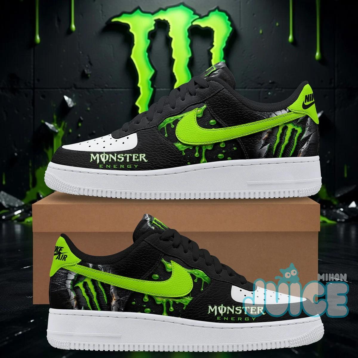 Monster Energy Limited Edition AF1 Sneakers - pair displayed with green drip background