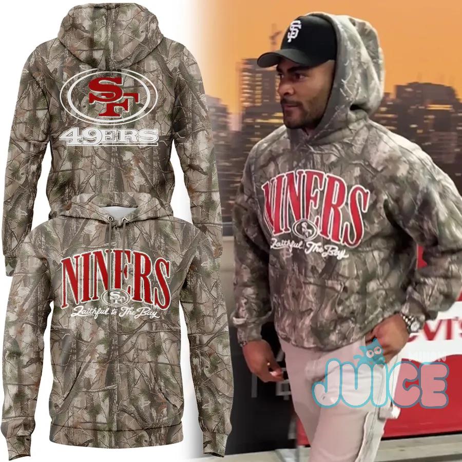 San Francisco 49ers Camo Faithful To The Bay Hoodie - full composite view with model and flat-lays