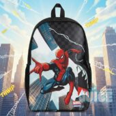 Marvel Spider-Man City Swinging Backpack - full front view with cityscape background