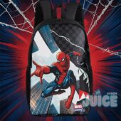 Marvel Spider-Man City Swinging Backpack - close-up of top right with web lines and city buildings