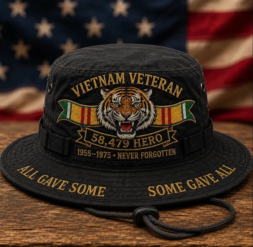 Vietnam Veteran 58,479 Hero Never Forgotten 1955-1975 Tiger Boonie Hat - Detail View