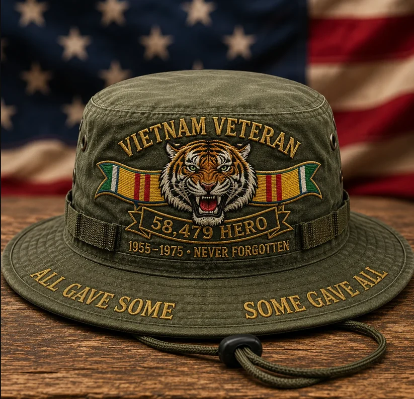 Vietnam Veteran 58,479 Hero Never Forgotten 1955-1975 Tiger Boonie Hat - Front View